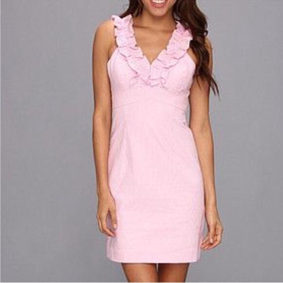 Lilly Pulitzer Phoebe Pink Stripe Ruffle Dress Size 10  TOO SHORT for me. - Picture 3 of 12